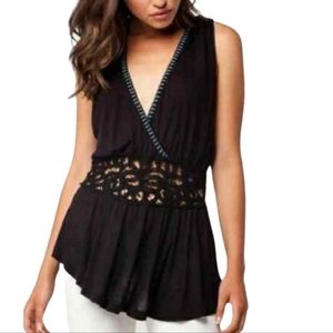 Free People Black Sleeveless Top with Blue Trim